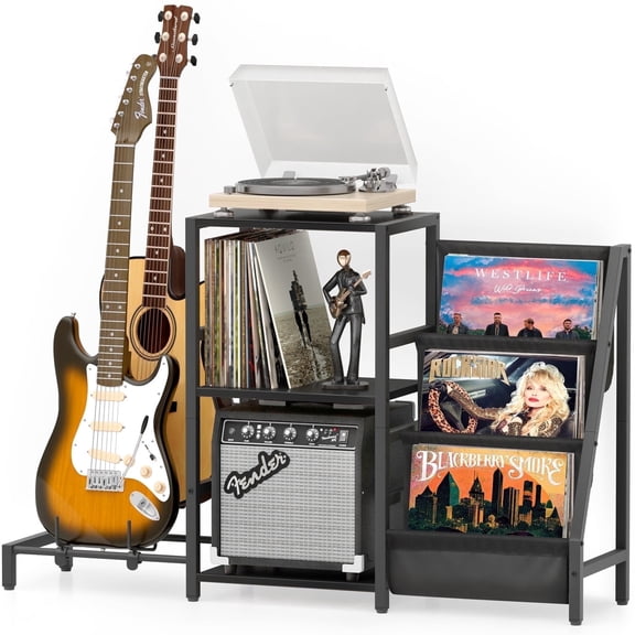 Olakee 3-Tier Record Player Stand with Guitar Stand for Acoustic, Electric Guitar, Bass, Vinyl Record Storage up to 200 Albums, Black