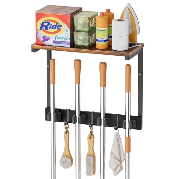 Olakee Broom Holder with Cleaning Supplies Organizer, Wall Mount, for Kitchen, Garage, and Home Improvement, Black and Brown, Single Size