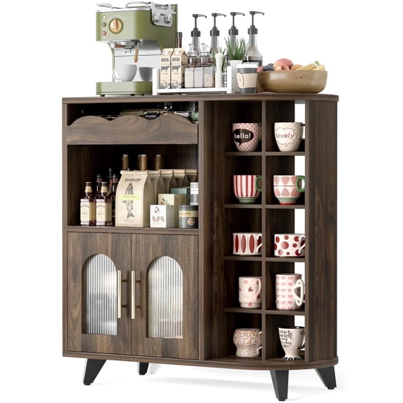 Olakee Exclusive 24-Cup Display Hutch Coffee Cabinet with Massive Monthly-Capacity Drawer, Walnut Farmhouse Design