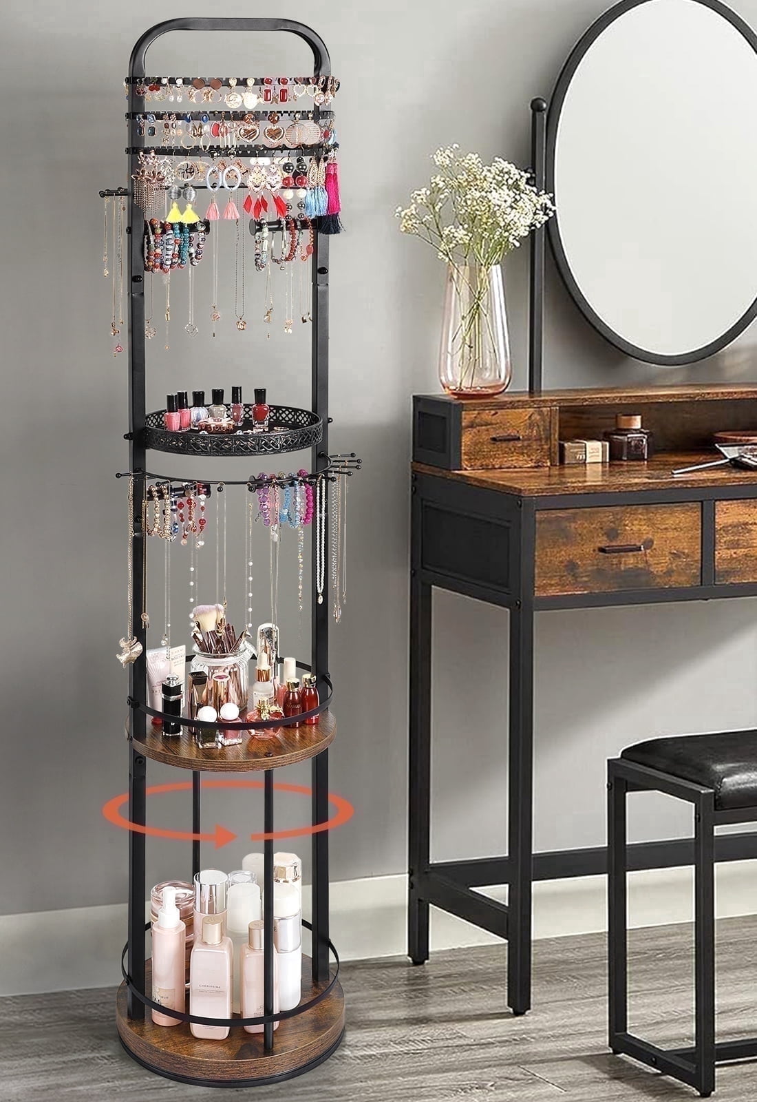 Olakee Rotating Large-Capacity Jewelry Organizer Stand for Earring, Necklace, Bracelet, Ring, Durable Metal & Wood, Girls & Women, Modern, Brown & Black