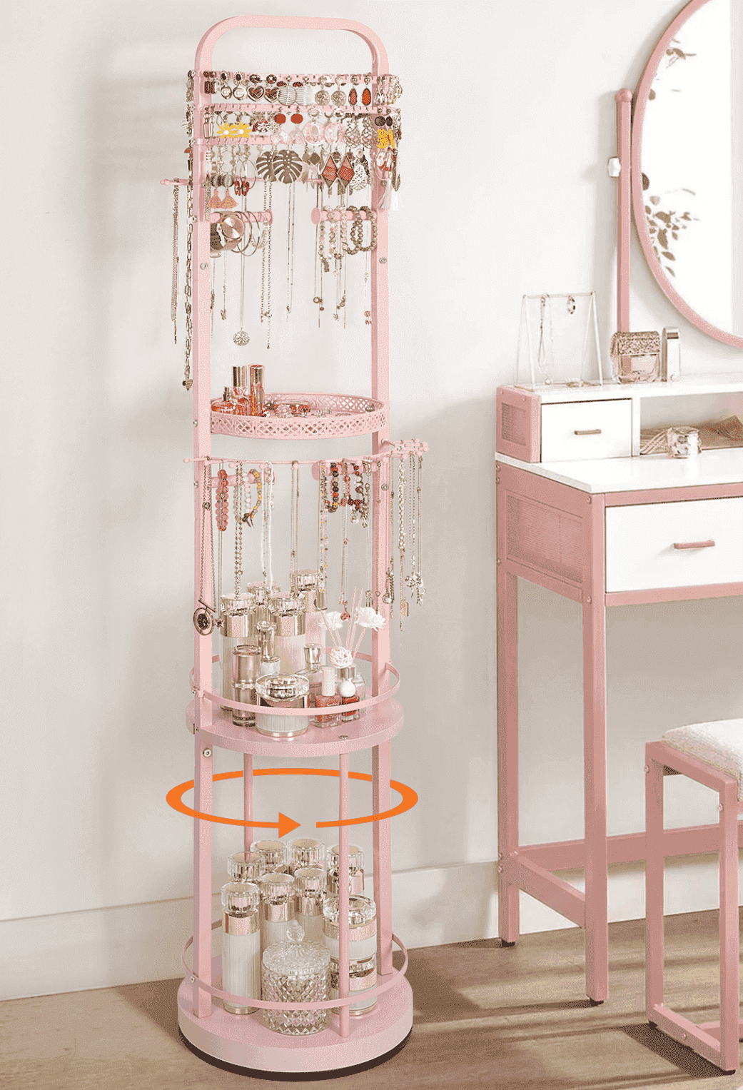 Olakee Rotating Large-Capacity Jewelry Organizer Stand for Earring, Necklace, Bracelet, Ring, Durable Metal & Wood, Girls & Women, Modern, Pink