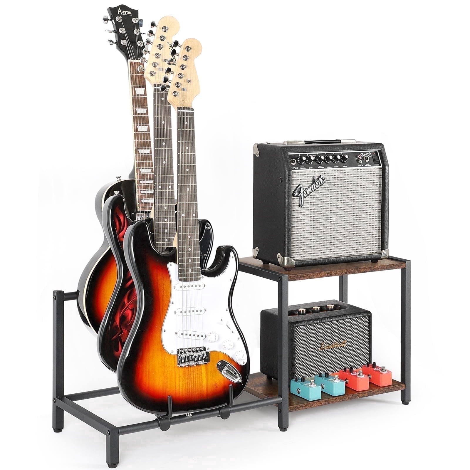Olakee 3-Piece Floor Guitar Stand with Amp Support, Adjustable for Multiple Electric Guitars and Accessories, Wood & Metal, Black & Brown
