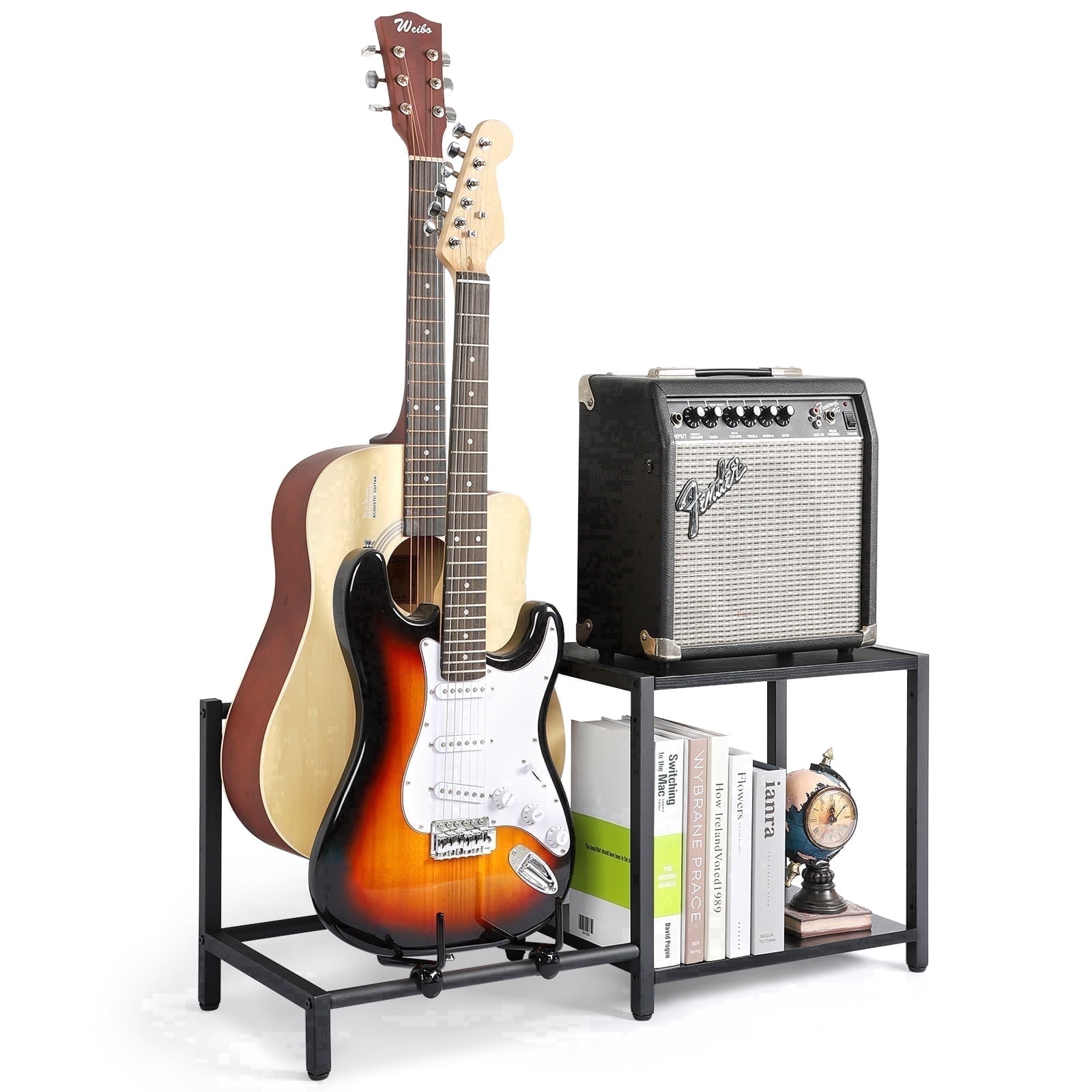Olakee 3-Piece Floor Guitar Stand with Amp Support, Adjustable for Multiple Electric Guitars and Accessories, Wood & Metal, Black
