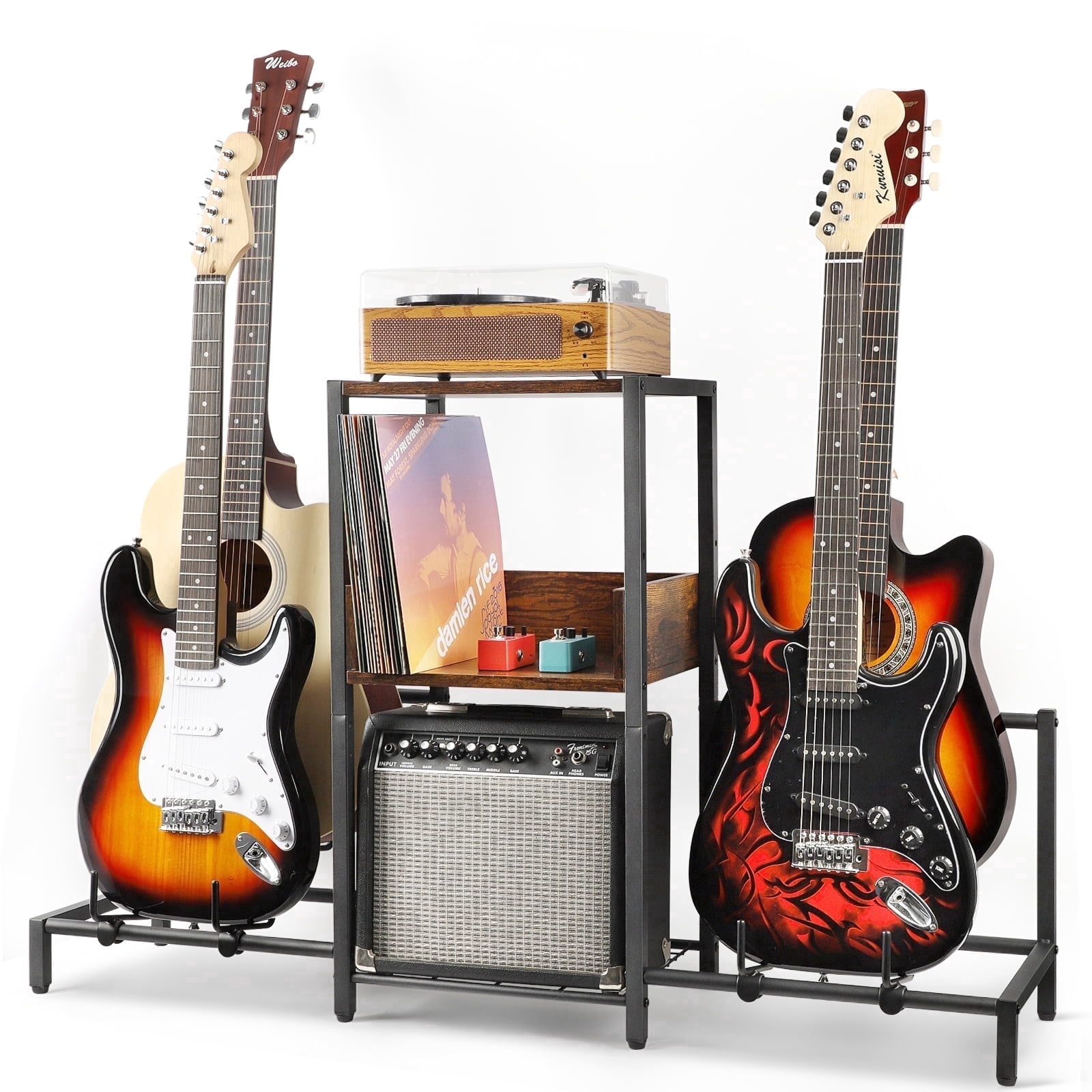 Olakee Adjustable 4-Tier Guitar Stand for Acoustic Electric Bass, with Wood Shelf for Amp Accessories Vinyl Records, Home Studio Rack (Patent)