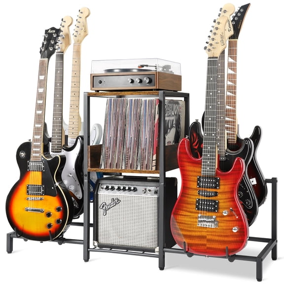 Olakee 6-Tier Guitar Stand for Acoustic, Electric, Bass, with Holder for Guitar Amp Accessories and Room Home Studio, Wood and Metal (Patent)