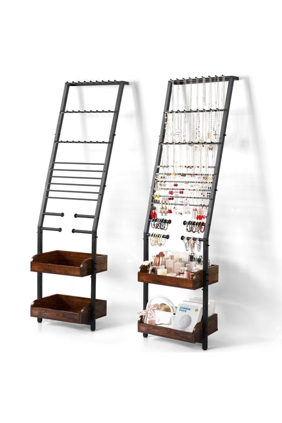 Floor Hanging Jewelry Stand with Display for Earring Necklace Ring Bracelet Watch, Wood and Metal, Black and Brown