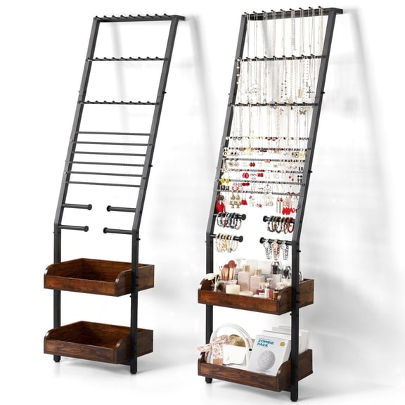 Olakee Floor Hanging Jewelry Stand with Display for Earring Necklace Ring Bracelet Watch, Wood and Metal, Black and Brown