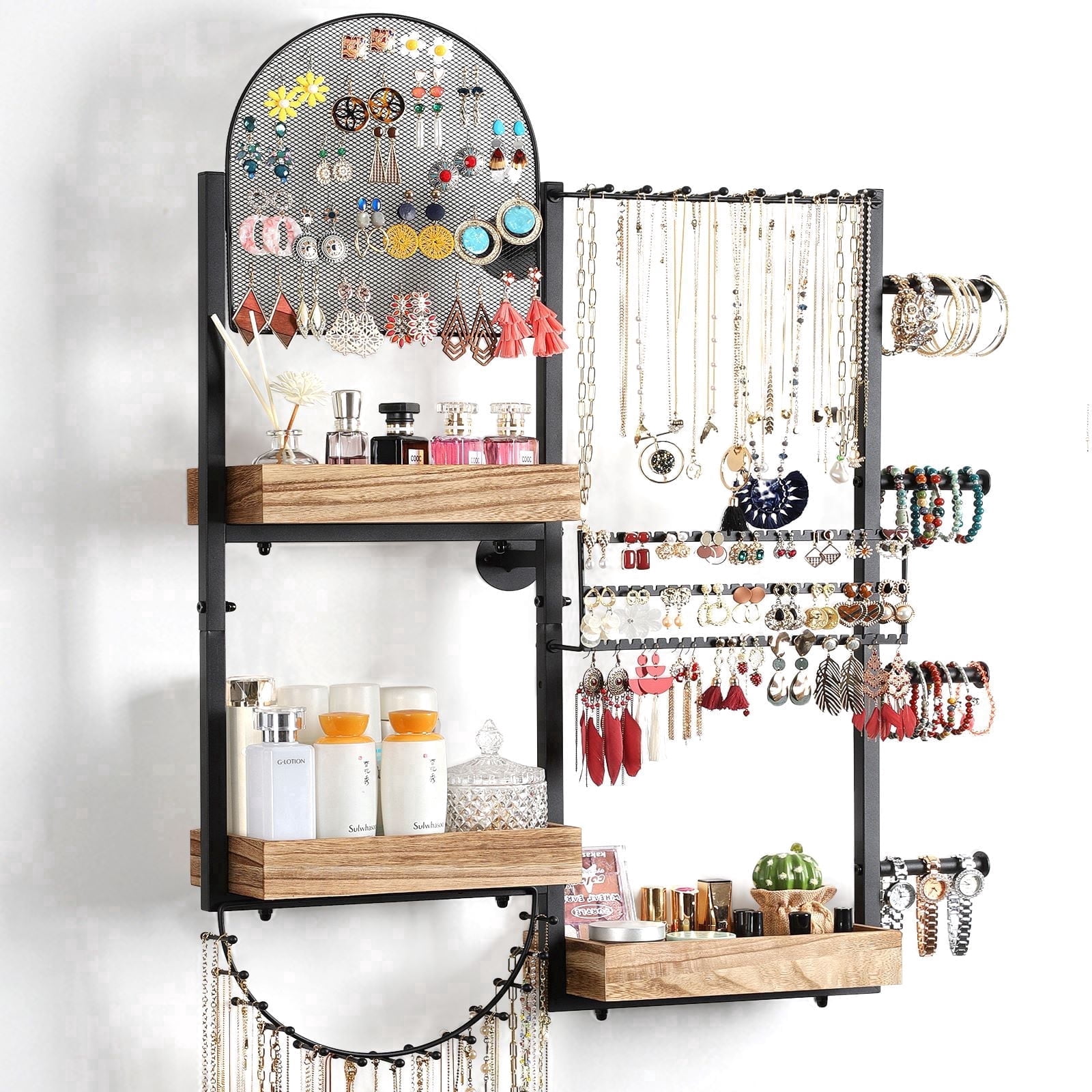 Olakee Large-Capacity Jewelry Organizer Wall Mount with 3 Wood Boxes for Earring, Necklace, Bracelet, and Perfume Display, Girls & Women, Modern, Brown