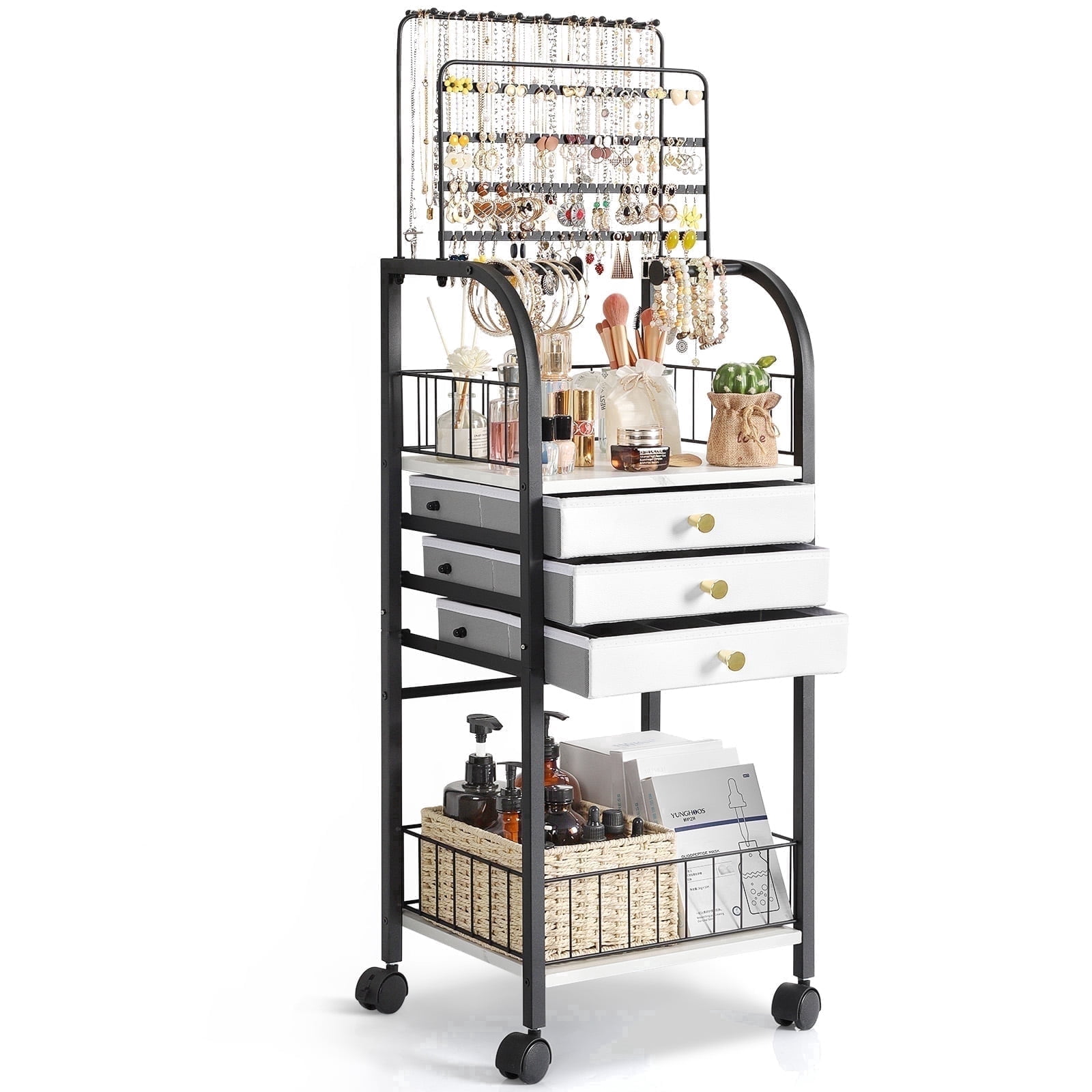 Olakee Large Jewelry Organizer Stand with 3 Drawers — for Necklace, Earring, Ring, Bracelet, Girls & Women, Modern, Black