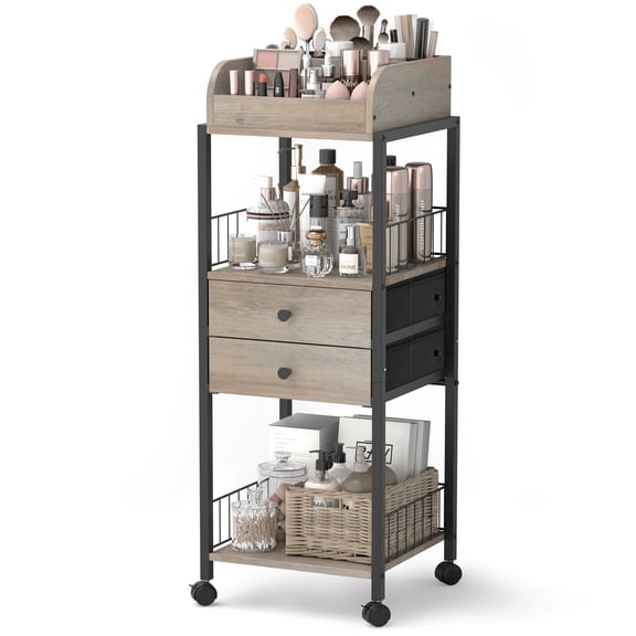 Olakee Floor Makeup Storage with Drawers, 360° Swivel Casters & Optional Foot Pads, Black