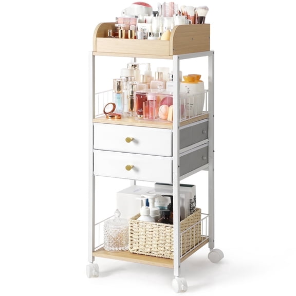 Olakee Floor Makeup Storage with Drawers, 360° Swivel Casters & Optional Foot Pads, White