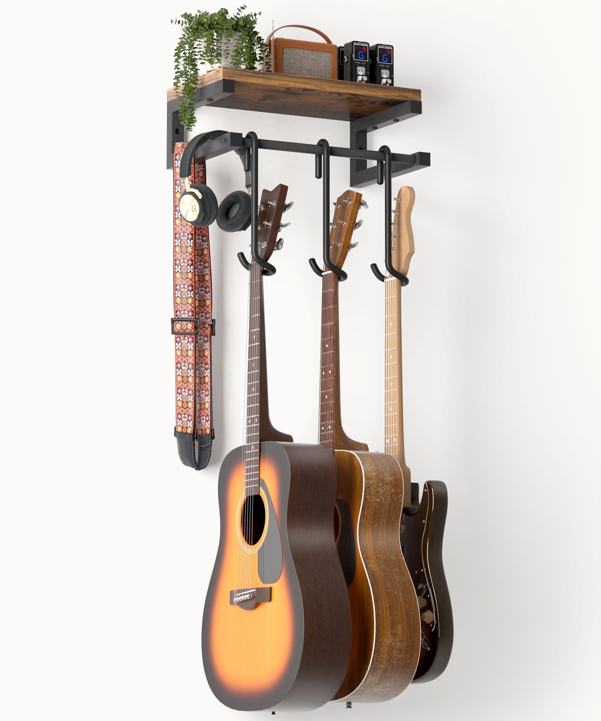 Olakee Guitar Wall Hangers with Mounting Kit — Dual-Twist Hook, Heavy-Duty Steel & Wood Shelf, 3-in-1 Display System, 44lb Capacity