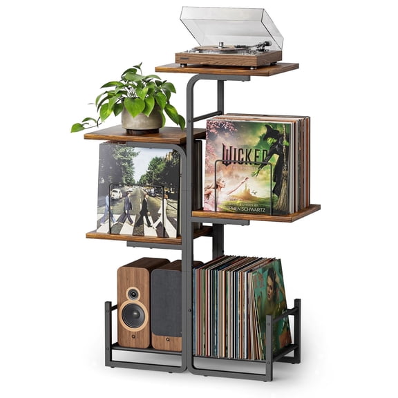 Olakee Planter-Inspired Record Player Stand with Large Vinyl Storage, Wood & Metal, Black & Brown