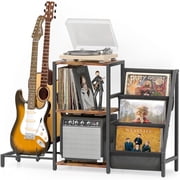 Olakee 3-Tier Record Player Stand with Guitar Stand for Acoustic, Electric Guitar, Bass, Vinyl Record Storage up to 200 Albums