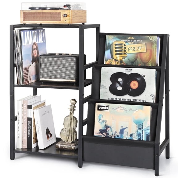 Olakee Record Player Table, with 3-Tier Vinyl Storage for 220 Albums for Living Room Music Room Study, Black