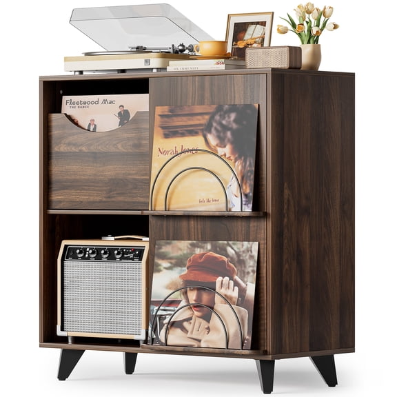 Olakee Record Player Stand, with Vinyl Display and 2 Drawers, Turntable Side Table and TV Stand Cabinet for Living Room, Bedroom,Office, Wood