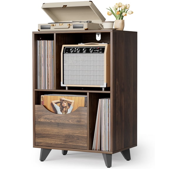 Olakee Record Player Stand, with Vinyl Storage Drawer, Turntable Side Table for Living Room, Bedroom, Office, Wood