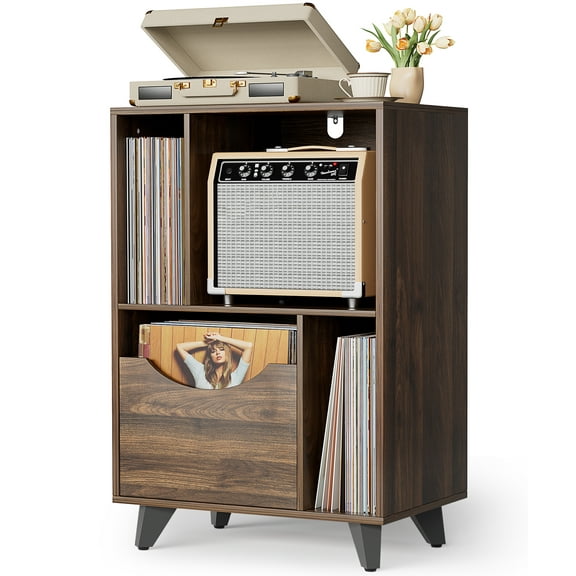 Olakee Record Player Stand, with Vinyl Storage Drawer, Turntable Side Table for Living Room, Bedroom, Office, Wood