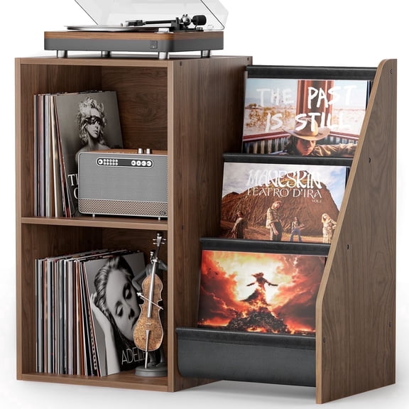 Olakee Record Player Stand, with Vinyl Storage for 220 Albums for Living Room, Music Room, Study, Wood,Walnut