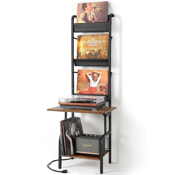 Olakee Record Player Stand with Vinyl Storage up to 200 Albums, Turntable Stand with Power Outlet