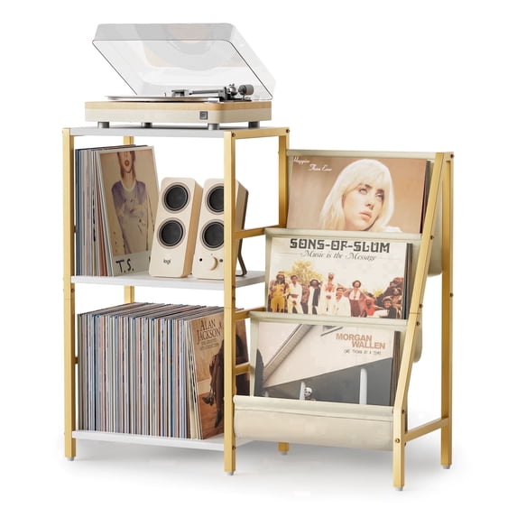 Olakee Record Player Table, with 3-Tier Vinyl Storage for 220 Albums, for Living Room Music Room Study, Gold and White