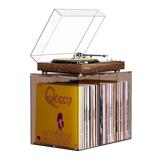 Olakee Premium Acrylic Turntable Stand with Vinyl Storage – Modular, Expandable, Now-Playing Display in Amber Brown