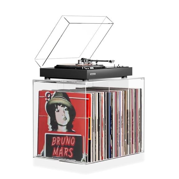 Olakee Premium Acrylic Turntable Stand with Vinyl Storage – Modular, Expandable, Now-Playing Display in Crystal Clear