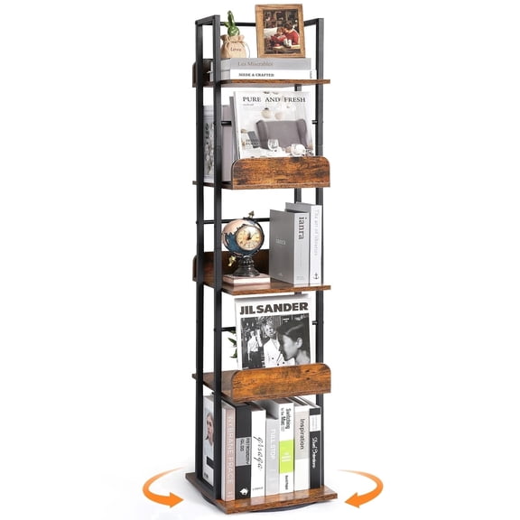 Olakee 360° 5-Tier Rotating Bookshelf, Revolving Bookcases for Adults & Teens, Wood and Metal, Black and Brown, Ideal for Home & Office