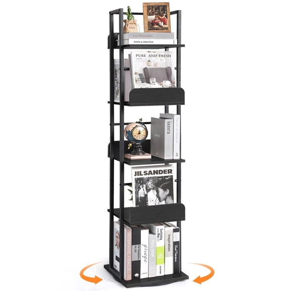 Olakee 360° 5-Tier Rotating Bookshelf, Revolving Bookcases for Adults & Teens, Wood and Metal, Black, Ideal for Home & Office
