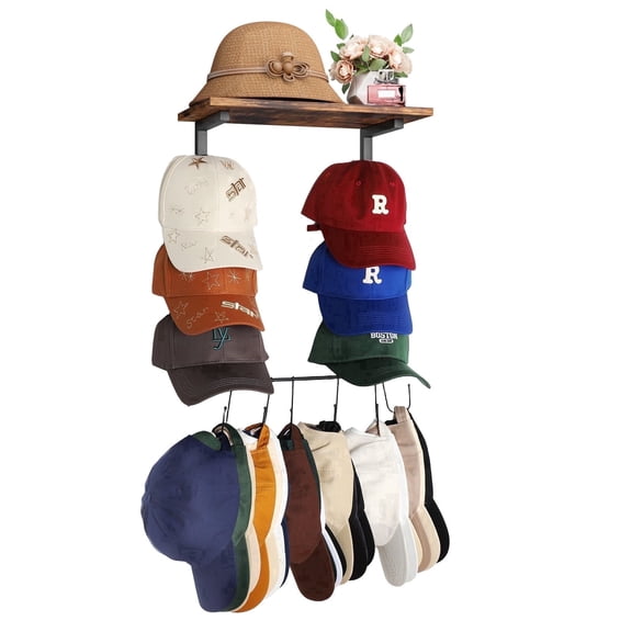 Olakee Wall Hat Rack with Shelf Holds 60+ Caps, Metal & Wood, Black & Brown