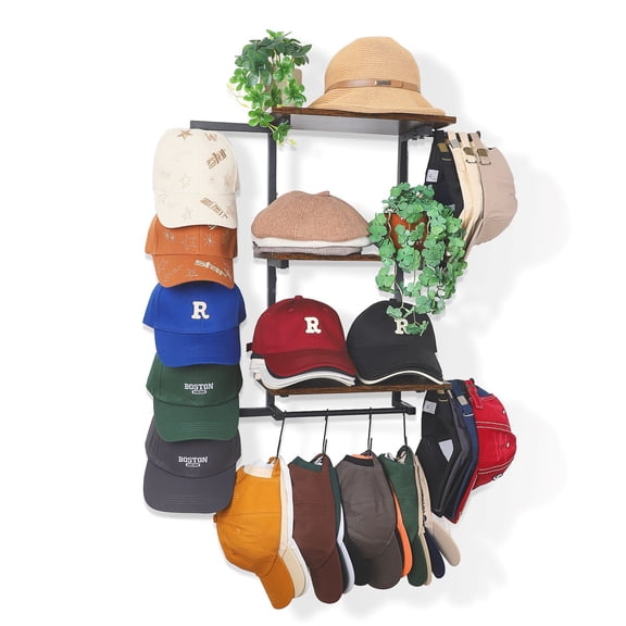 Olakee Wall Hat Rack with 3-Tier Shelf Holds 100+ Caps, Metal & Wood, Black & Brown