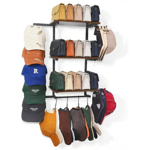 Olakee Wall Hat Rack with 3-Tier Shelf Holds 100+ Caps, Metal & Wood, Black & Brown