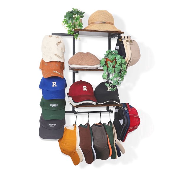 Olakee Wall Hat Rack with 3-Tier Shelf Holds 100+ Caps, Metal & Wood, Black & Brown