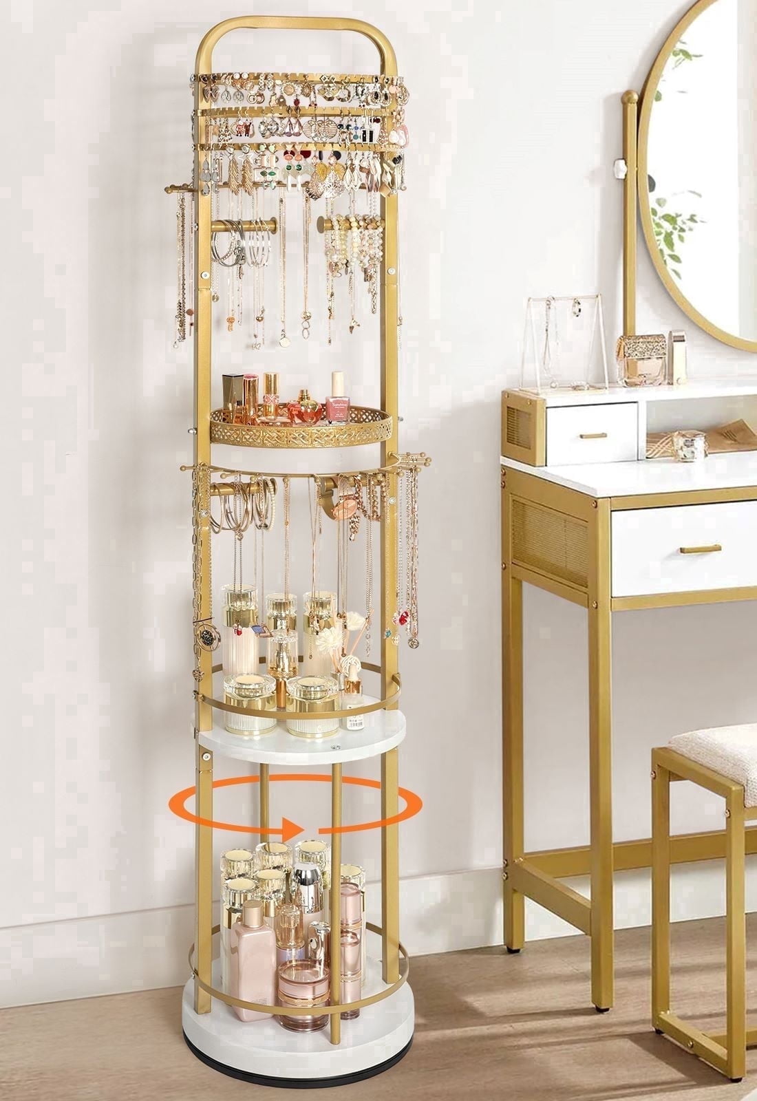 Olakee Rotating Large-Capacity Jewelry Organizer Stand for Earring, Necklace, Bracelet, Ring, Durable Metal & Wood, Girls & Women, Modern, White & Gold