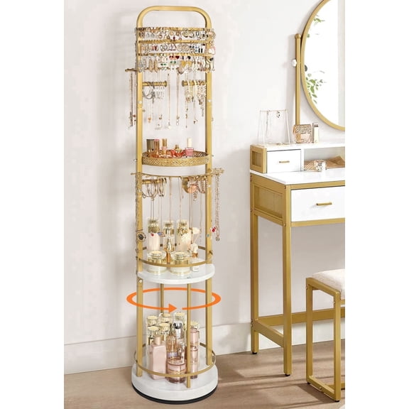 Olakee Rotating Large-Capacity Jewelry Organizer Stand for Earring, Necklace, Bracelet, Ring, Durable Metal & Wood, White & Gold