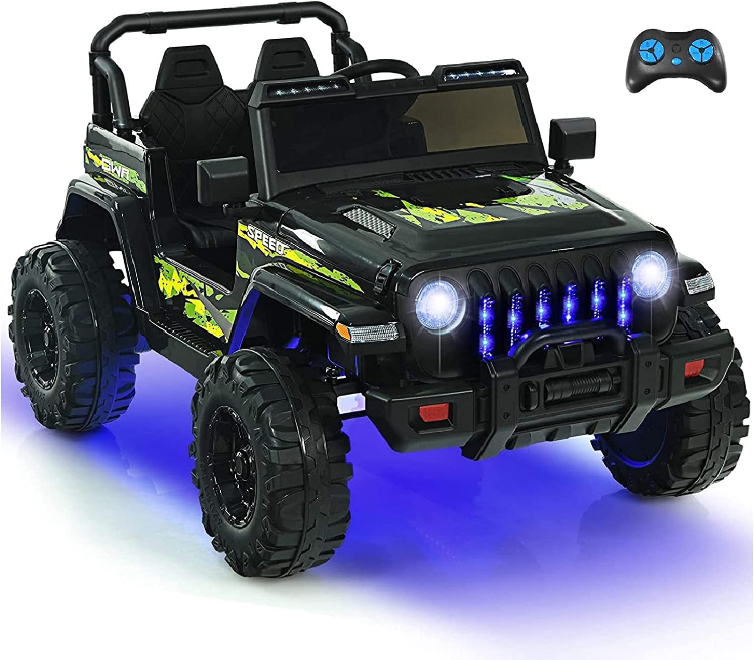 12V Black and Green SUV Ride-On Toy with LED Lights