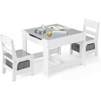 Olakids Kids Table and Chair Set, 3 in 1 Wood Children Desk Set with Removable Blackboard, Storage Drawer, Toddlers Activity Table Furniture for Art Crafts Drawing Reading Playroom (Gray)