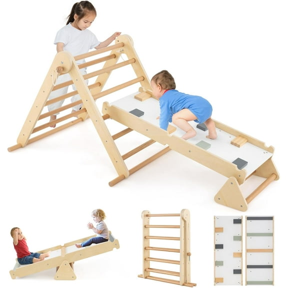 Olakids Pikler Triangle Set 7 in 1 Climbing Toys for Toddlers Foldable Baby Wood Montessori Jungle Gym with Angle Adjustable Ladder Seesaw Ramp Indoor Playground (Wood)