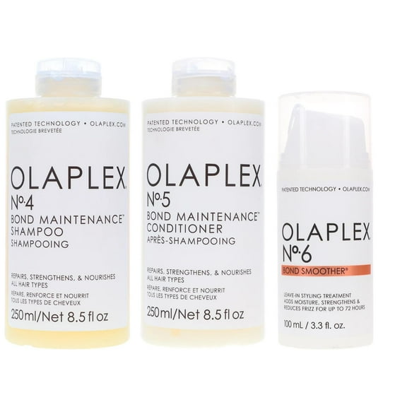 Olaplex No. 4, No.5 Bond Maintenance Shampoo and Conditioner 8.5 oz Each and No.6 Bond Smoother Leave in Styling Treatment 3.3 oz Set