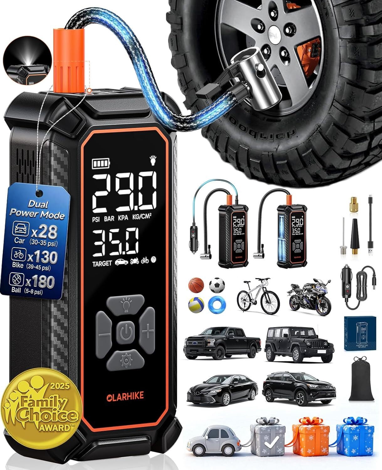 OlarHike Tire Inflator Portable Air Compressor, 9000mAh Battery Powered, 150PSI Dual Mode, Auto Air Pump for Car Tires, Motorcycle, Bicycle,Bike, Electric Pump with LED Light & Digital Pressure Gauge