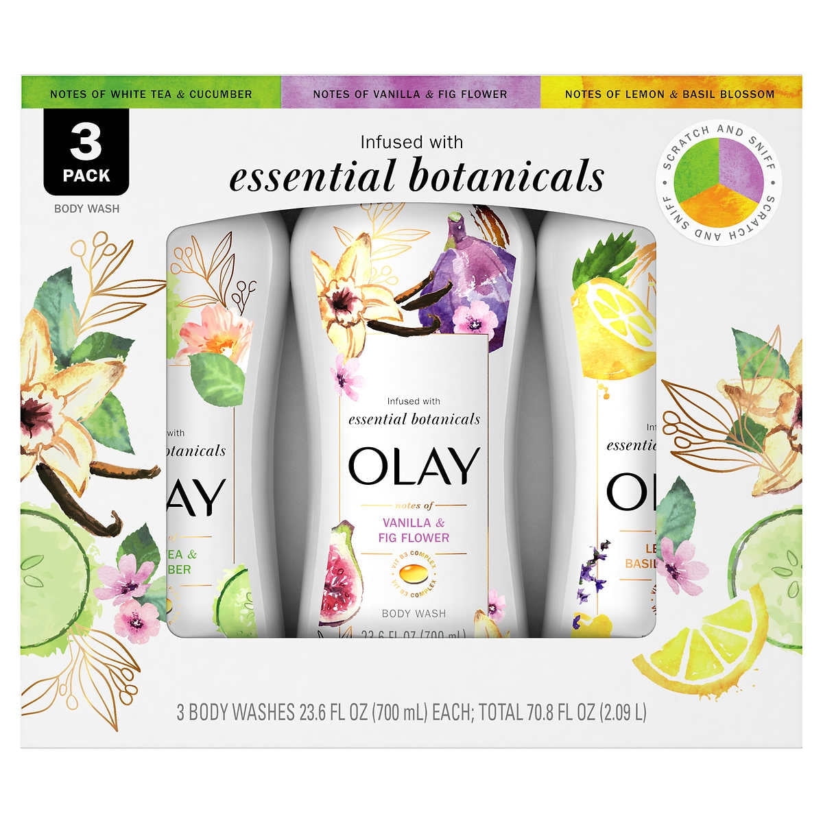 Olay Essential Botanicals Body Wash, 23.6 Fluid Ounce (Pack of 3)