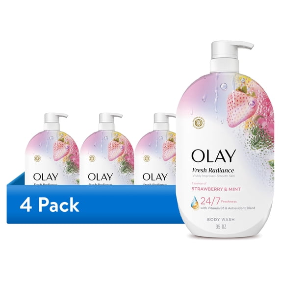 (4 pack) Olay Fresh Radiance Body Wash, Strawberry & Mint, with Vitamin B3, 35oz