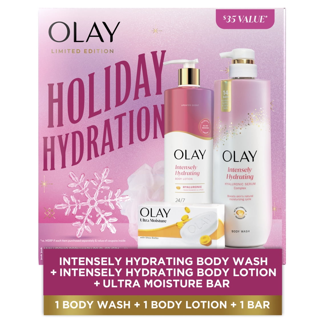 Olay Holiday Hydration Gift Pack with Hyaluronic Body Wash, Lotion, and Beauty Bar