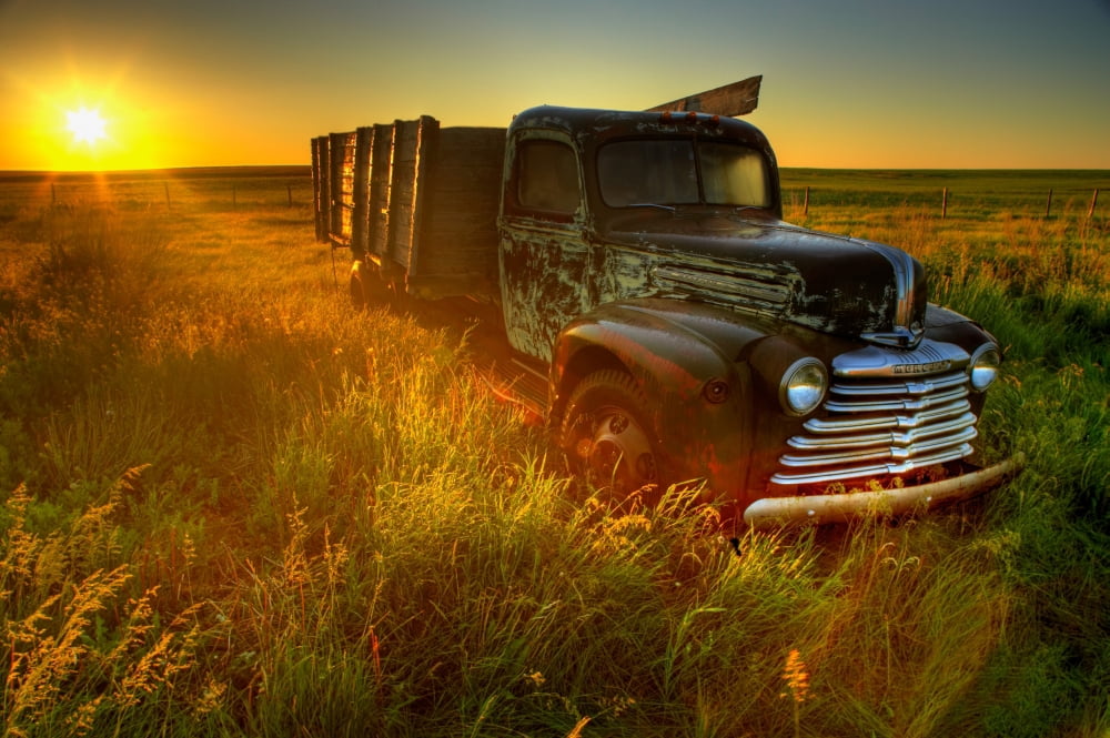 Old Abandoned Farm Truck Illuminated At Sunrise Southwestern Saskatchewan Canvas Art - Gemstone Images Design Pics (34 x 22)