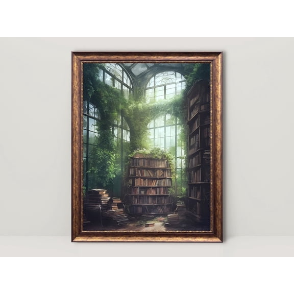 Old Abandoned Overgrown Library , Dark Academia, Botanical Wall Art, Bibliophile Fantasy Art, Cottagecore Aesthetic, Unframed Canvas Size 24x36