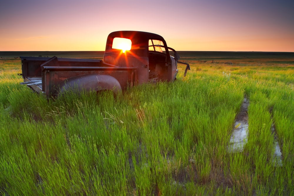 Old Abandoned Pick-Up Truck Sitting In A Field At Sunset Southwestern Saskatchewan Canvas Art - Gemstone Images Design Pics (17 x 11)