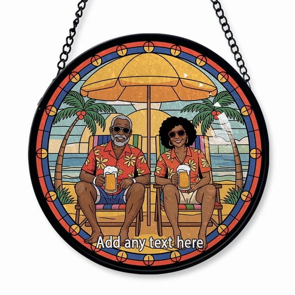 Old Asian Couple on Beach Stained Glass Suncatcher Window Hanging Custom Text Tree Window Hanging for Mom & Dad, Retired Life Celebration, Christmas 2025 Decoration