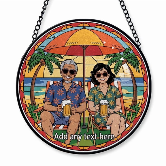 Old Asian Couple on Beach Stained Glass Suncatcher Window Hanging  Custom Text Tree Window Hanging for Mom & Dad, Retired Life Celebration, Christmas 2025 Decoration