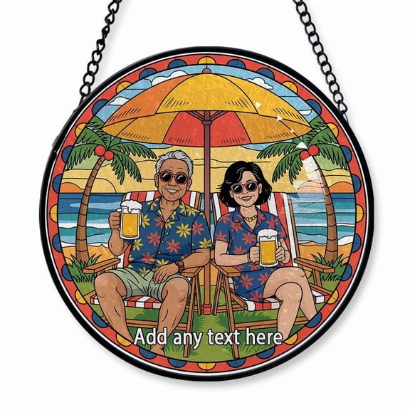 Old Asian Couple on Beach Stained Glass Suncatcher Window Hanging Custom Text Window Hanging for Grandparents, Happy Retirement Keepsake, Christmas 2025 Tree Dcor
