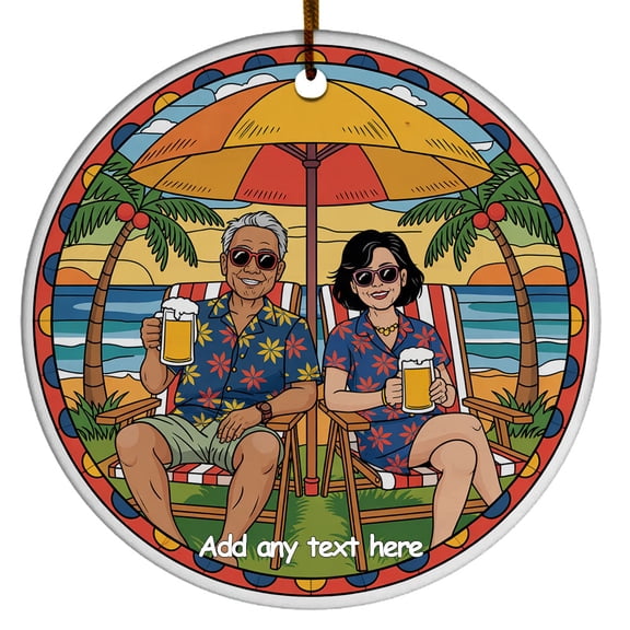 Old Asian Couple on Beach Ornament  Custom Text Ornament for Grandparents, Happy Retirement Keepsake, Christmas 2025 Tree Dcor